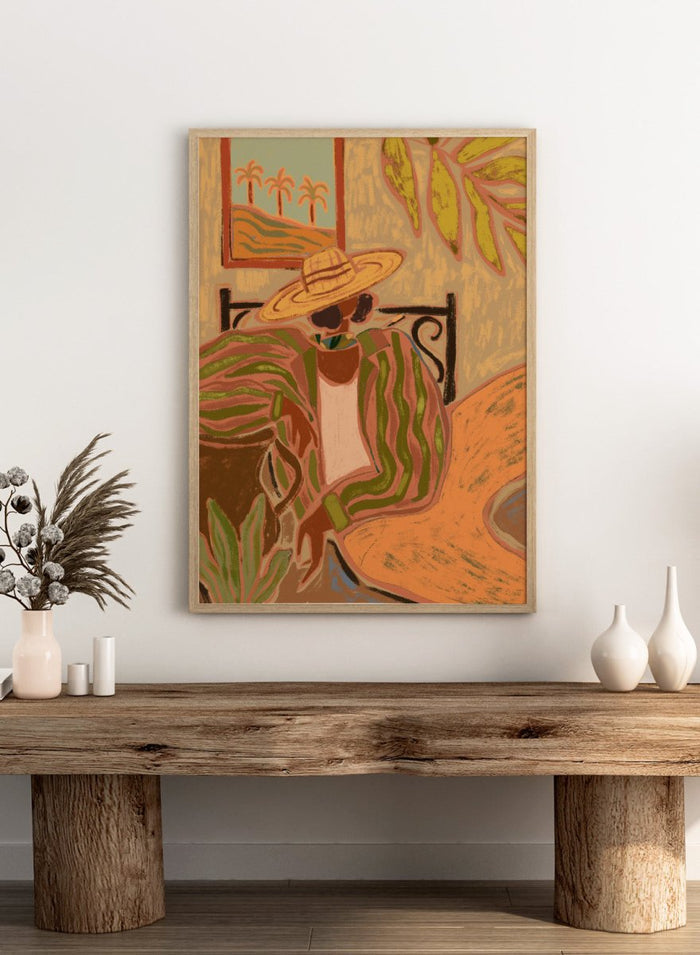 Artistic depiction of a person wearing a straw hat and patterned dress in a tropical setting. Lady in Stripe by Arty Guava art print featuring woman in straw hat and striped shirt with tropical palm landscape and warm contemporary illustration wall art poster.