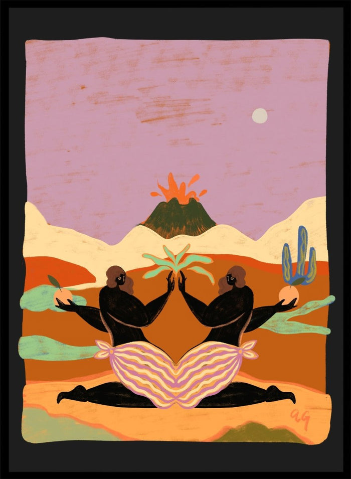 A framed art print featuring a stylized desert landscape with two black silhouetted figures seated in a lotus position, facing each other beneath a volcano and cacti, set against a pink sky. Lava by Arty Guava premium framed fine art print featuring mirrored women, tropical plants, and a glowing volcano in bold, surreal colors.