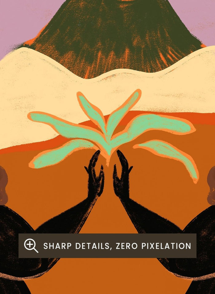 A framed art print featuring a stylized desert landscape with two black silhouetted figures seated in a lotus position, facing each other beneath a volcano and cacti, set against a pink sky. Lava by Arty Guava premium framed fine art print featuring mirrored women, tropical plants, and a glowing volcano in bold, surreal colors.