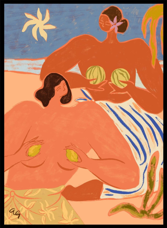 Artistic depiction of two figures with abstract elements and a stylized landscape. Lemon and Melon by Arty Guava is a colorful figurative art print featuring tropical fruit, playful female figures, coastal scenery, and contemporary illustration.