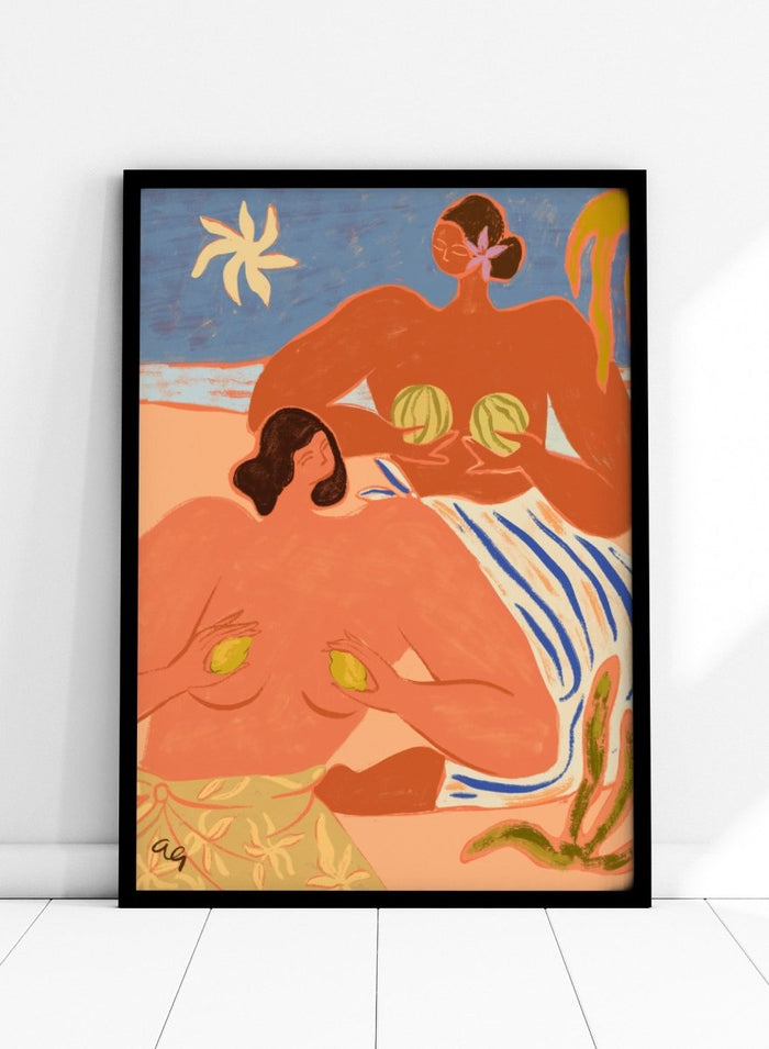 Artistic depiction of two figures with abstract elements and a stylized landscape. Lemon and Melon by Arty Guava is a colorful figurative art print featuring tropical fruit, playful female figures, coastal scenery, and contemporary illustration.