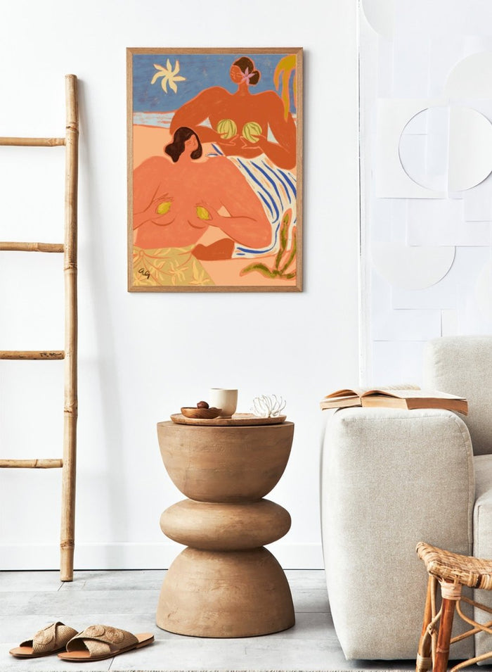 Artistic depiction of two figures with abstract elements and a stylized landscape. Lemon and Melon by Arty Guava is a colorful figurative art print featuring tropical fruit, playful female figures, coastal scenery, and contemporary illustration.