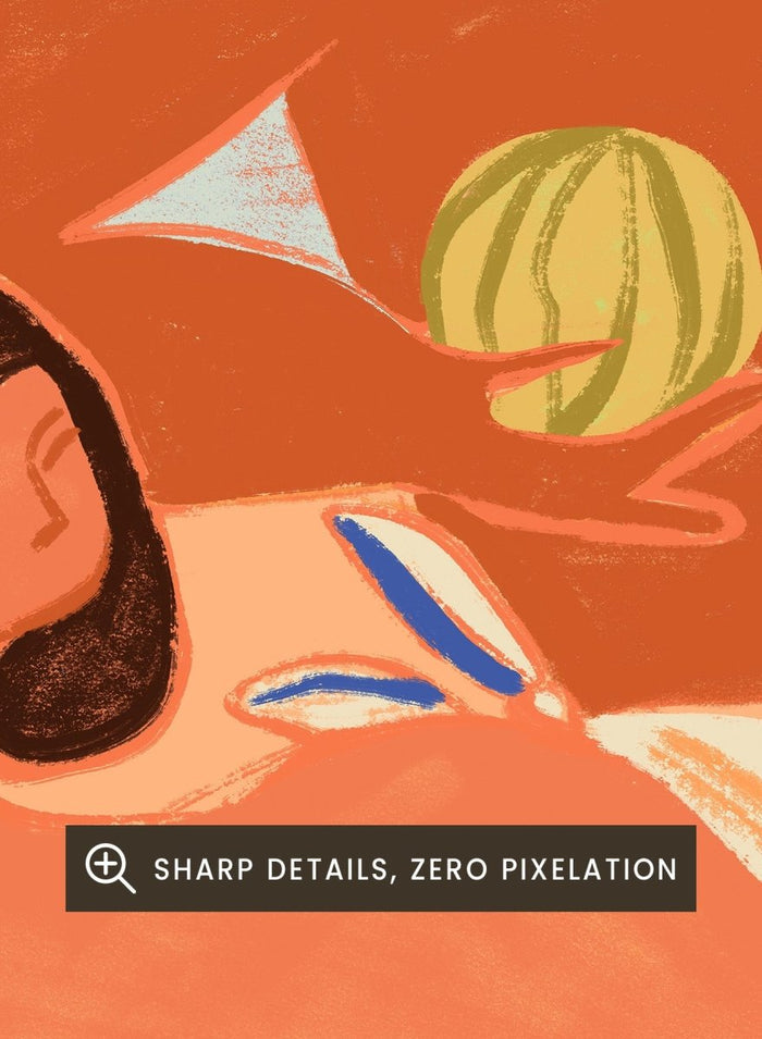 Artistic depiction of two figures with abstract elements and a stylized landscape. Lemon and Melon by Arty Guava is a colorful figurative art print featuring tropical fruit, playful female figures, coastal scenery, and contemporary illustration.
