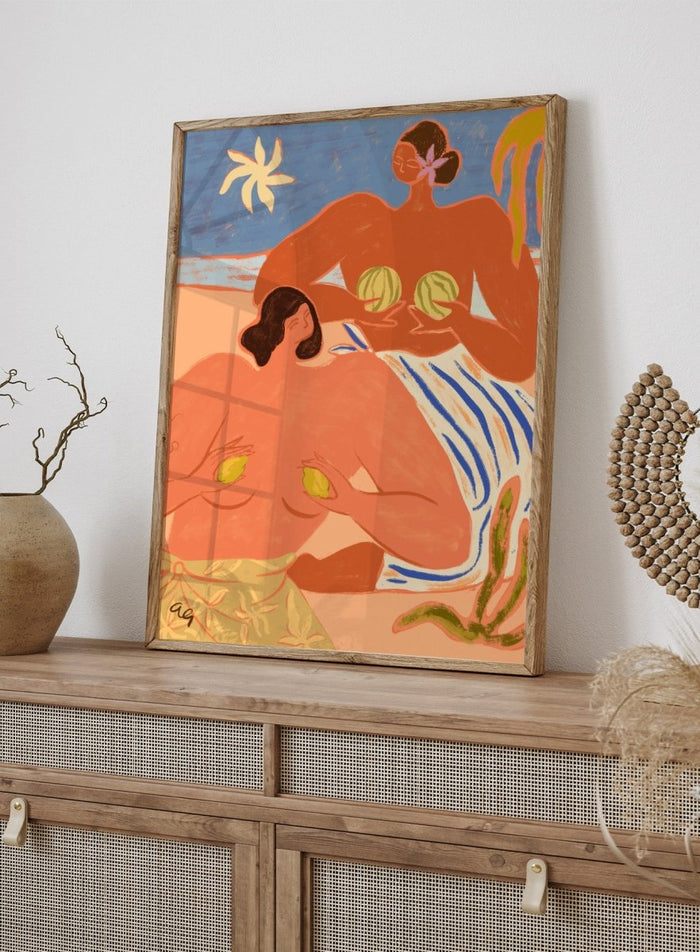 Artistic depiction of two figures with abstract elements and a stylized landscape. Lemon and Melon by Arty Guava is a colorful figurative art print featuring tropical fruit, playful female figures, coastal scenery, and contemporary illustration.