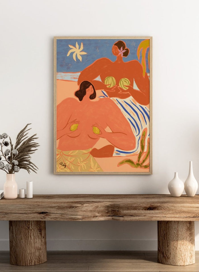 Artistic depiction of two figures with abstract elements and a stylized landscape. Lemon and Melon by Arty Guava is a colorful figurative art print featuring tropical fruit, playful female figures, coastal scenery, and contemporary illustration.