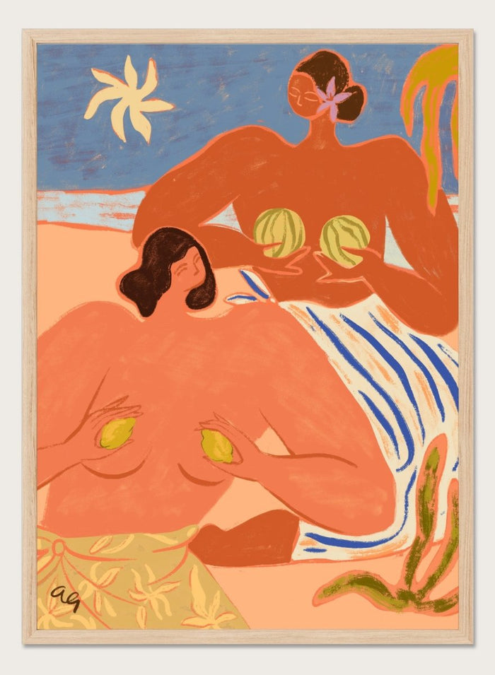 Artistic depiction of two figures with abstract elements and a stylized landscape. Lemon and Melon by Arty Guava is a colorful figurative art print featuring tropical fruit, playful female figures, coastal scenery, and contemporary illustration.