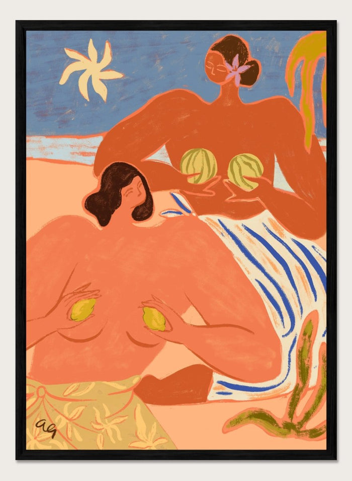 Artistic depiction of two figures with abstract elements and a stylized landscape. Lemon and Melon by Arty Guava is a colorful figurative art print featuring tropical fruit, playful female figures, coastal scenery, and contemporary illustration.