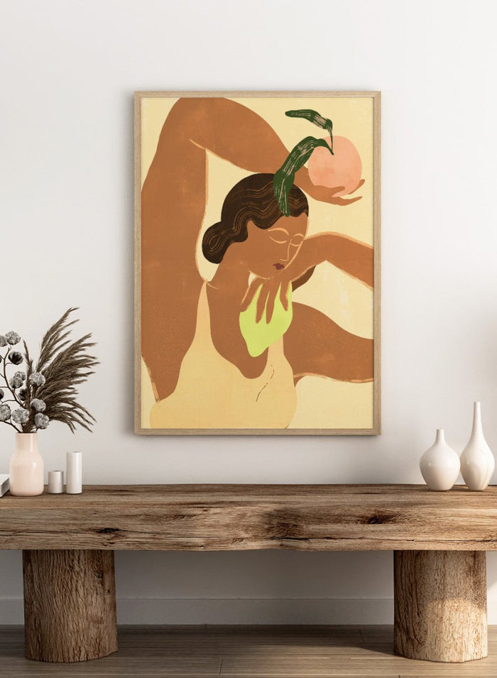 Artistic depiction of a woman with abstract elements on a beige background. Lemon Apple by Arty Guava art print, modern woman and fruit illustration, contemporary aesthetic wall poster in warm yellow and soft green tones.
