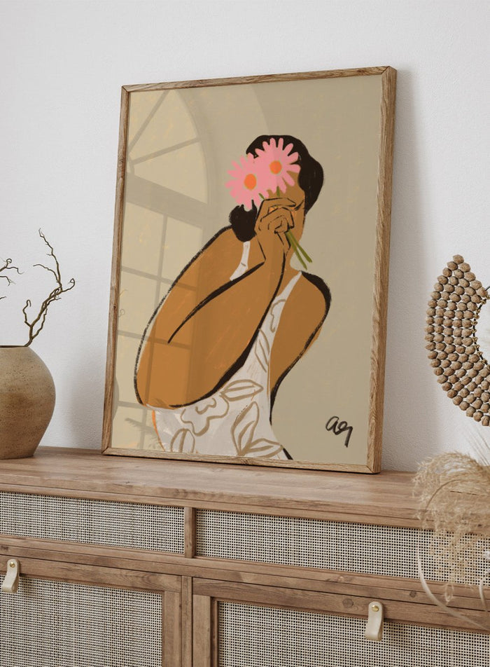 Illustration of a person holding a pink flower to their face against a beige background. Mask by Arty Guava art print, modern woman illustration holding flowers, contemporary figurative wall poster in soft neutral tones.