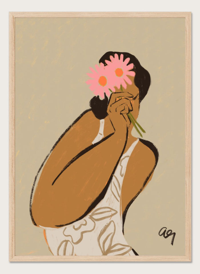 Illustration of a person holding a pink flower to their face against a beige background. Mask by Arty Guava art print, modern woman illustration holding flowers, contemporary figurative wall poster in soft neutral tones.