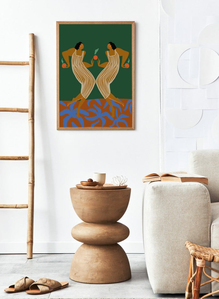 Artistic depiction of two women in a mirror, holding apples, with a green background and blue plant-like shapes at the bottom. Mirror by Arty Guava art print, modern woman illustration with oranges, contemporary figurative wall poster in bold green and warm tones.