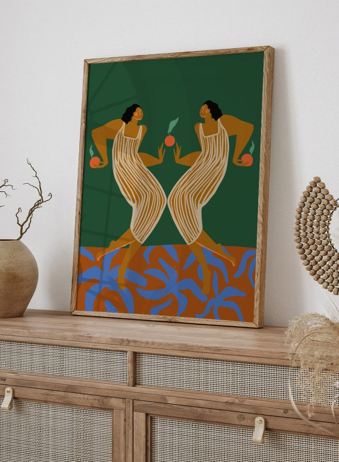 Artistic depiction of two women in a mirror, holding apples, with a green background and blue plant-like shapes at the bottom. Mirror by Arty Guava art print, modern woman illustration with oranges, contemporary figurative wall poster in bold green and warm tones.