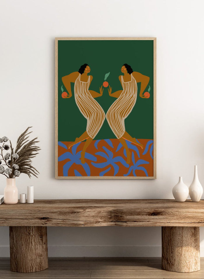Artistic depiction of two women in a mirror, holding apples, with a green background and blue plant-like shapes at the bottom. Mirror by Arty Guava art print, modern woman illustration with oranges, contemporary figurative wall poster in bold green and warm tones.
