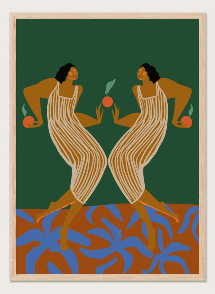 Artistic depiction of two women in a mirror, holding apples, with a green background and blue plant-like shapes at the bottom. Mirror by Arty Guava art print, modern woman illustration with oranges, contemporary figurative wall poster in bold green and warm tones.