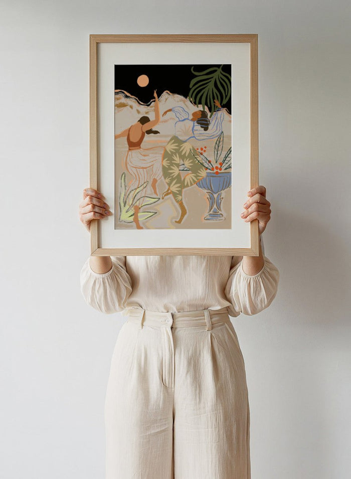 Artistic depiction of two figures dancing with plants and a vase in the background. Moonlight Dance by Arty Guava is a modern illustration art print featuring dancing women, moon imagery, floral elements, and contemporary wall art design.