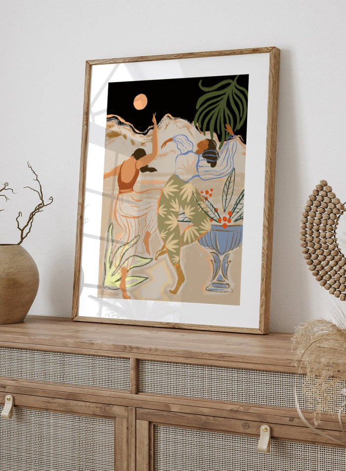 Artistic depiction of two figures dancing with plants and a vase in the background. Moonlight Dance by Arty Guava is a modern illustration art print featuring dancing women, moon imagery, floral elements, and contemporary wall art design.