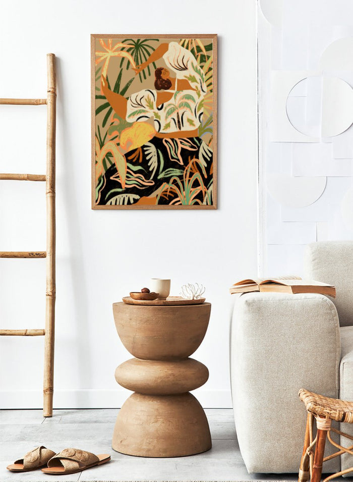 Artistic depiction of a woman in a floral dress with tropical plants in the background. Nature Embrace by Arty Guava art print featuring woman surrounded by tropical plants, flowing botanical illustration, and warm contemporary nature wall art poster.