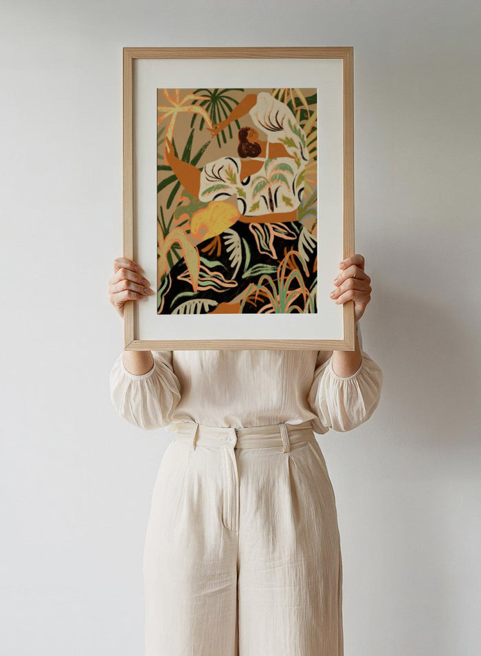 Artistic depiction of a woman in a floral dress with tropical plants in the background. Nature Embrace by Arty Guava art print featuring woman surrounded by tropical plants, flowing botanical illustration, and warm contemporary nature wall art poster.