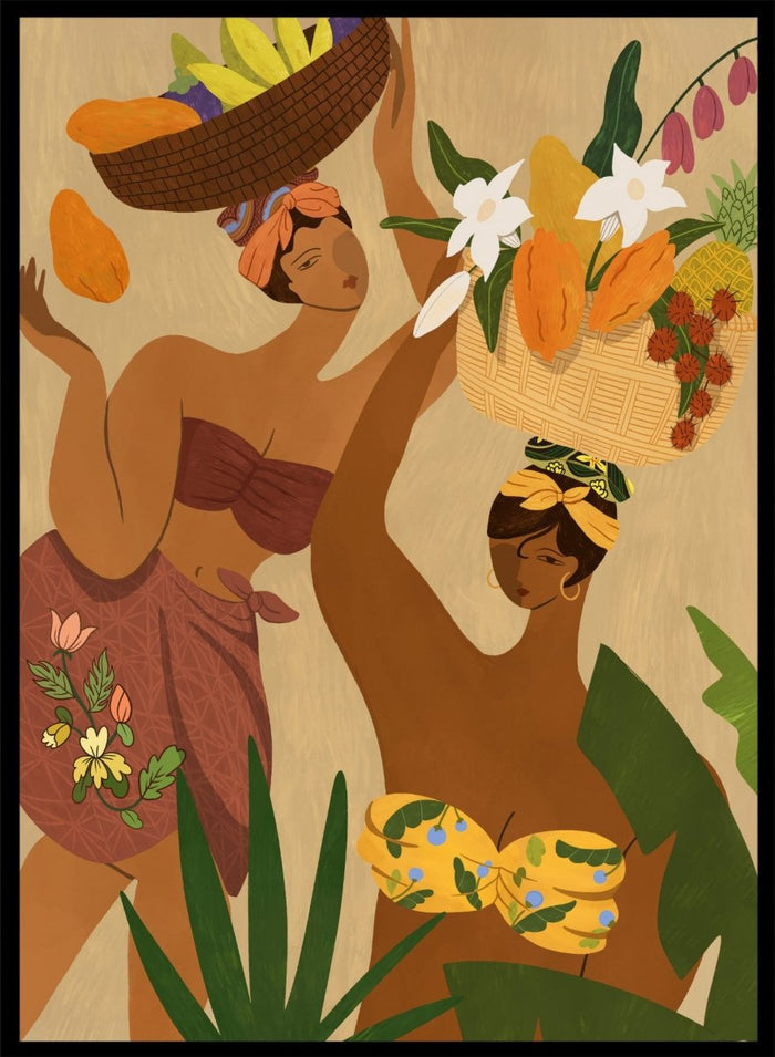 A stylized art print depicting two women in tropical attire carrying baskets of fruit and flowers, framed by green leaves on a warm beige background. Opps Papaya by Arty Guava premium framed fine art print featuring two women carrying baskets of tropical fruit in rich, warm colors.