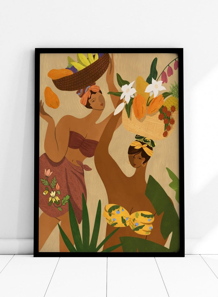 A stylized art print depicting two women in tropical attire carrying baskets of fruit and flowers, framed by green leaves on a warm beige background. Opps Papaya by Arty Guava premium framed fine art print featuring two women carrying baskets of tropical fruit in rich, warm colors.
