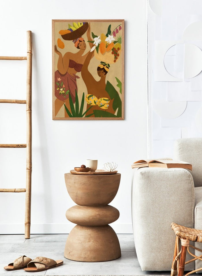 A stylized art print depicting two women in tropical attire carrying baskets of fruit and flowers, framed by green leaves on a warm beige background. Opps Papaya by Arty Guava premium framed fine art print featuring two women carrying baskets of tropical fruit in rich, warm colors.