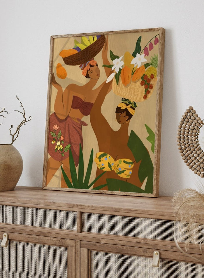 A stylized art print depicting two women in tropical attire carrying baskets of fruit and flowers, framed by green leaves on a warm beige background. Opps Papaya by Arty Guava premium framed fine art print featuring two women carrying baskets of tropical fruit in rich, warm colors.