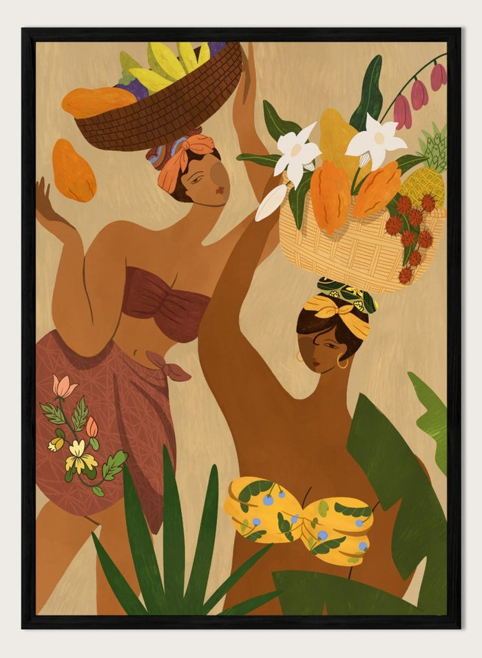 A stylized art print depicting two women in tropical attire carrying baskets of fruit and flowers, framed by green leaves on a warm beige background. Opps Papaya by Arty Guava premium framed fine art print featuring two women carrying baskets of tropical fruit in rich, warm colors.