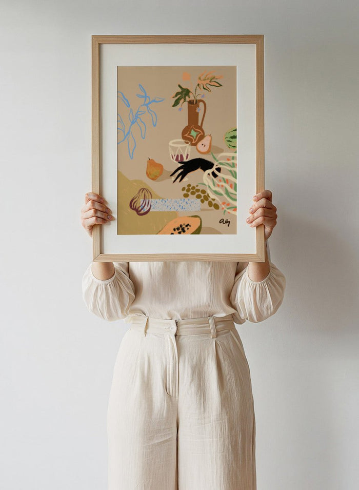Pass Me The Pear by Arty Guava is a modern still life art print with pears, fruit, and expressive hand-drawn shapes. Officially licensed wall poster.