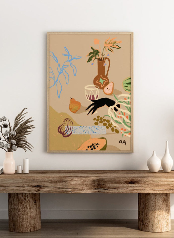 Pass Me The Pear by Arty Guava is a modern still life art print with pears, fruit, and expressive hand-drawn shapes. Officially licensed wall poster.