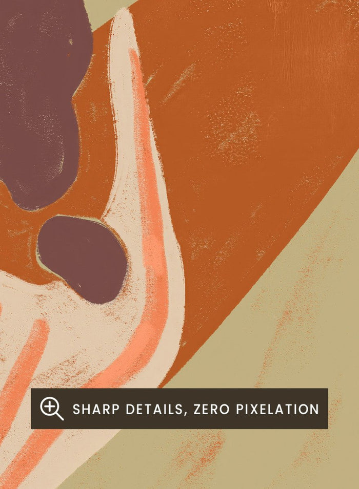 Artistic depiction of a person in overalls reaching towards the sun on a beige background. Reach For The Sun by Arty Guava is a vibrant modern art print of a woman stretching toward the sun. Officially licensed wall poster with framing.