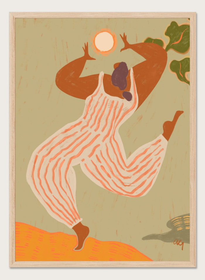 Artistic depiction of a person in overalls reaching towards the sun on a beige background. Reach For The Sun by Arty Guava is a vibrant modern art print of a woman stretching toward the sun. Officially licensed wall poster with framing.