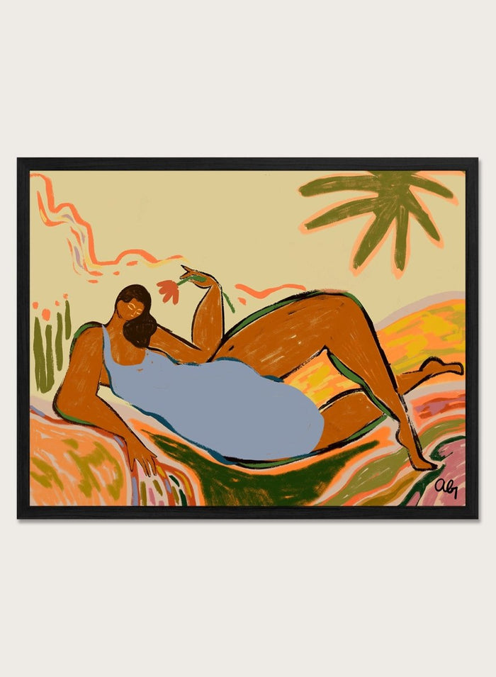 Framed artwork of two abstract figures embracing with a tropical background. Rest and Relax by Arty Guava is a colorful contemporary art print featuring a reclining female figure, tropical motifs, bold color, and nature-inspired illustration.