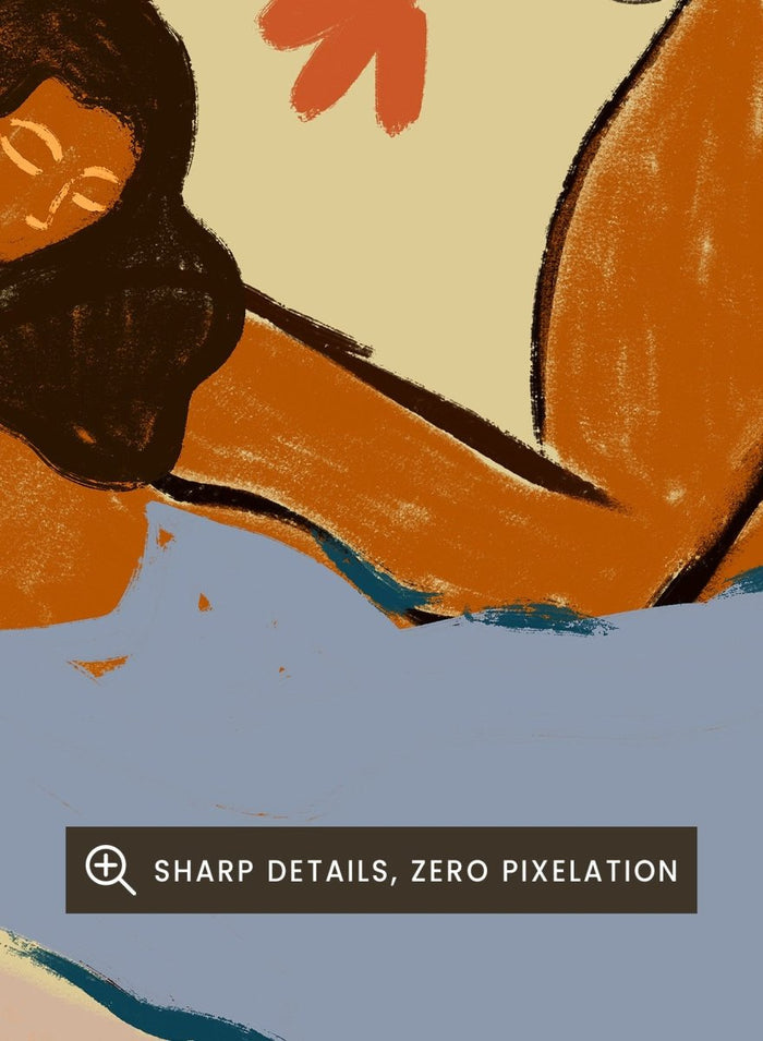Framed artwork of two abstract figures embracing with a tropical background. Rest and Relax by Arty Guava is a colorful contemporary art print featuring a reclining female figure, tropical motifs, bold color, and nature-inspired illustration.