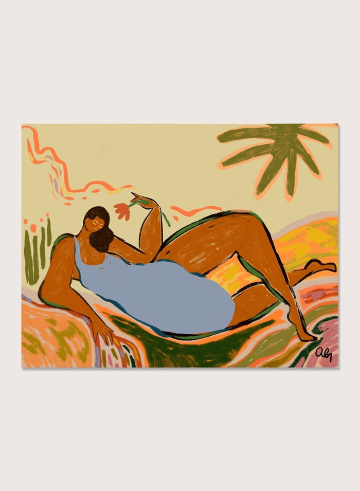 Framed artwork of two abstract figures embracing with a tropical background. Rest and Relax by Arty Guava is a colorful contemporary art print featuring a reclining female figure, tropical motifs, bold color, and nature-inspired illustration.
