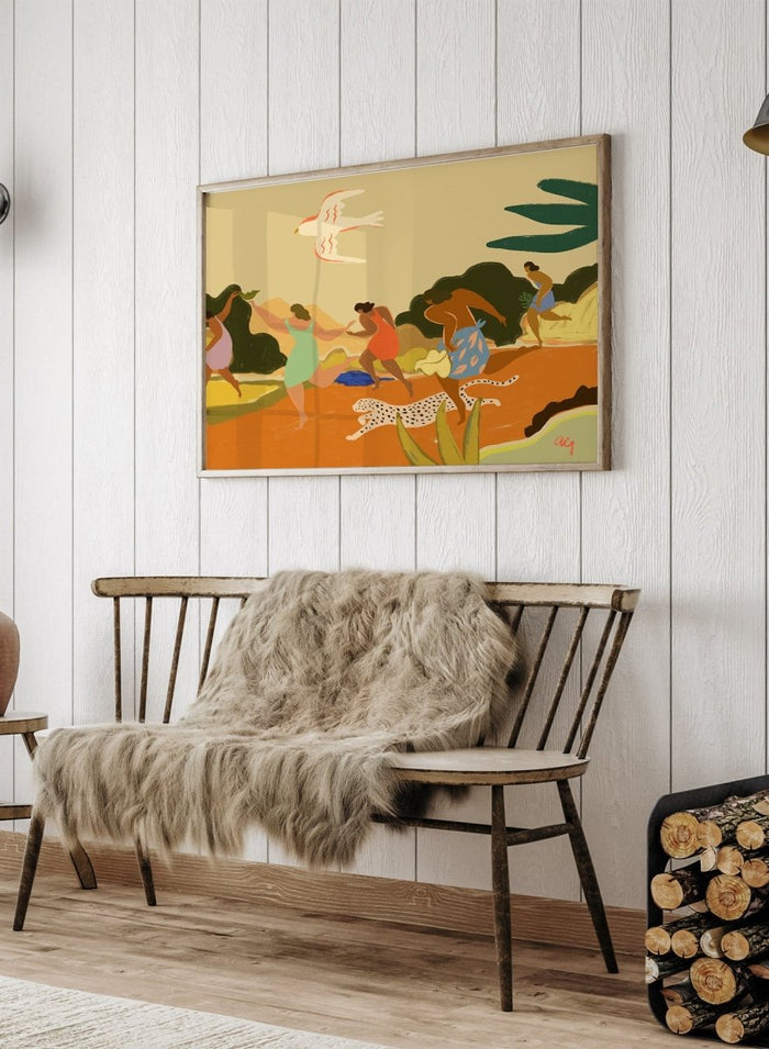 A framed art print featuring a stylized illustration of figures dancing and playing outdoors, with a bird, palm leaves, and a spotted cat. Run by Arty Guava premium framed fine art print featuring women racing through a tropical landscape beside a spotted leopard in warm, playful colors.