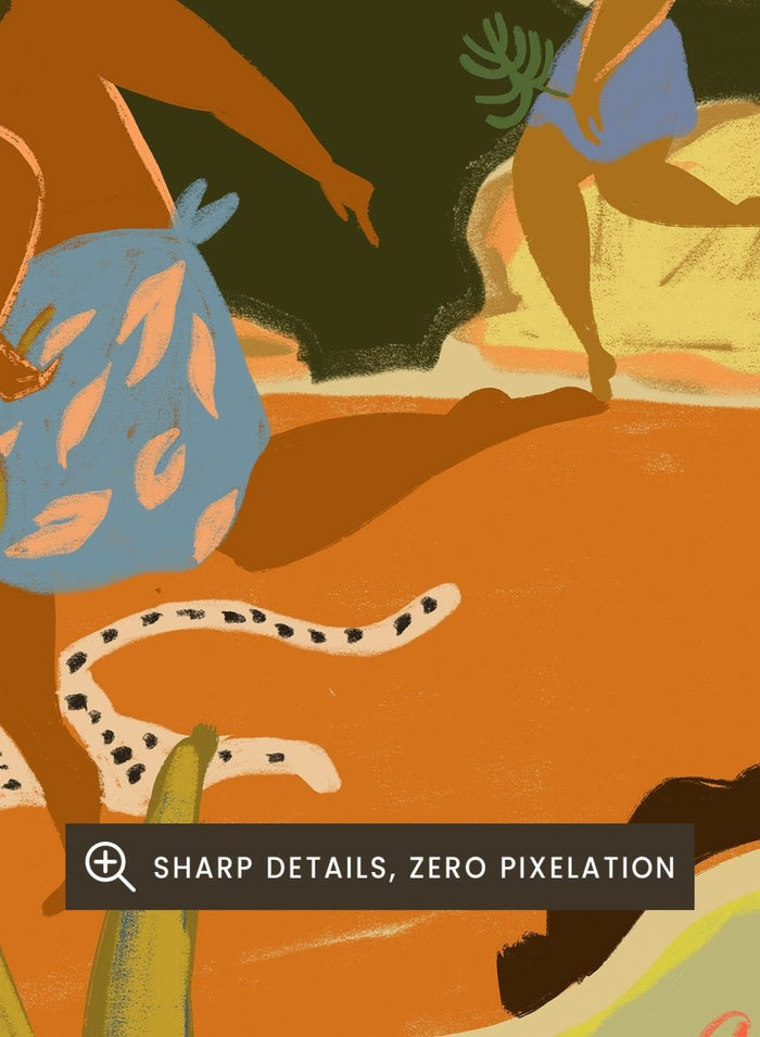 A framed art print featuring a stylized illustration of figures dancing and playing outdoors, with a bird, palm leaves, and a spotted cat. Run by Arty Guava premium framed fine art print featuring women racing through a tropical landscape beside a spotted leopard in warm, playful colors.
