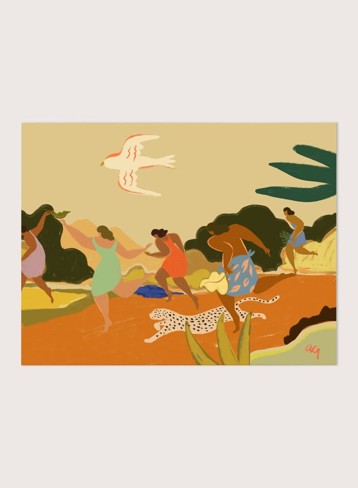 A framed art print featuring a stylized illustration of figures dancing and playing outdoors, with a bird, palm leaves, and a spotted cat. Run by Arty Guava premium framed fine art print featuring women racing through a tropical landscape beside a spotted leopard in warm, playful colors.
