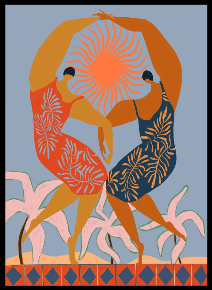 Artistic depiction of two dancers with a sun in the center on a blue background. Sisterhood by Arty Guava is a modern art print of two women dancing under the sun, celebrating friendship and unity. Officially licensed wall poster.