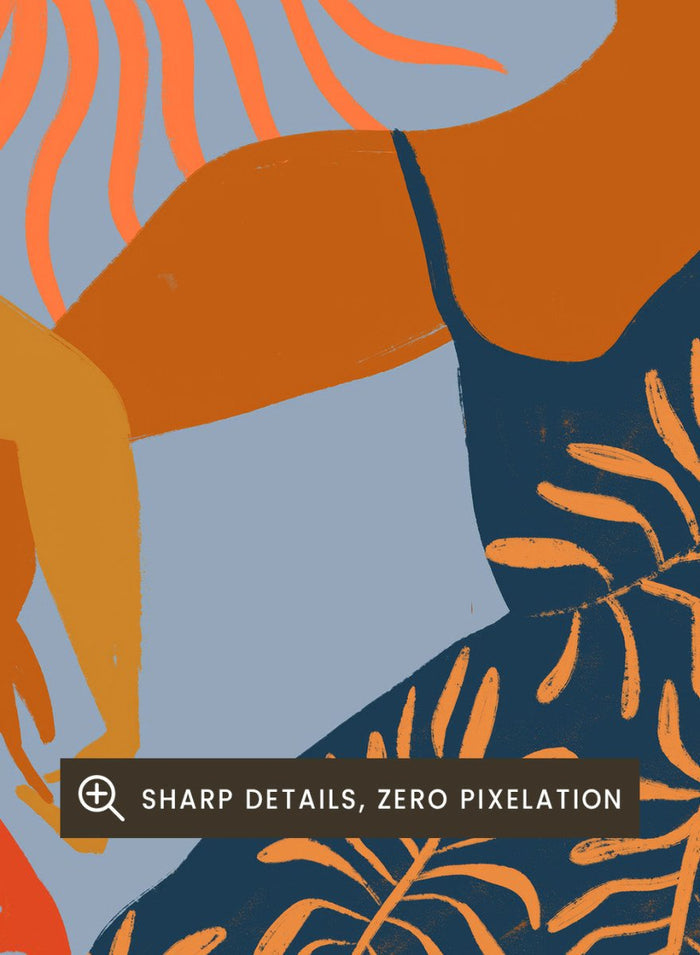 Artistic depiction of two dancers with a sun in the center on a blue background. Sisterhood by Arty Guava is a modern art print of two women dancing under the sun, celebrating friendship and unity. Officially licensed wall poster.