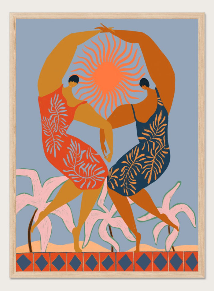 Artistic depiction of two dancers with a sun in the center on a blue background. Sisterhood by Arty Guava is a modern art print of two women dancing under the sun, celebrating friendship and unity. Officially licensed wall poster.
