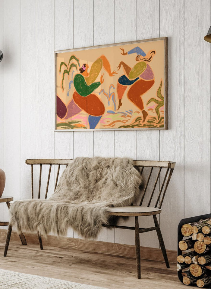 Colorful abstract artwork of two figures in a natural setting. Sisters of the Rhythm by Arty Guava is a modern wall art print of two women dancing. Bold color, expressive figures, officially licensed poster.