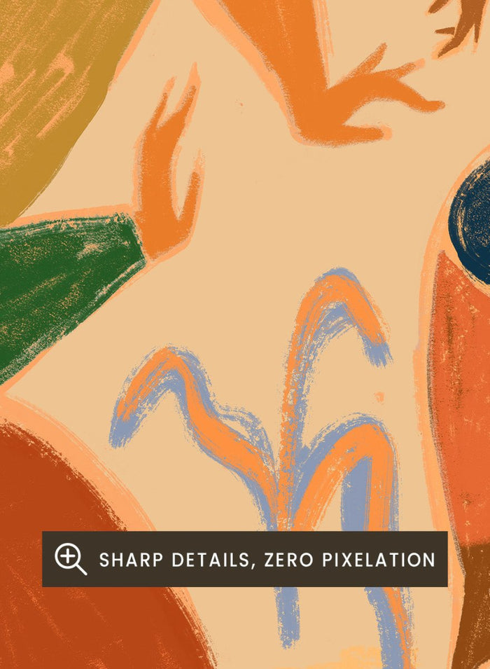 Colorful abstract artwork of two figures in a natural setting. Sisters of the Rhythm by Arty Guava is a modern wall art print of two women dancing. Bold color, expressive figures, officially licensed poster.