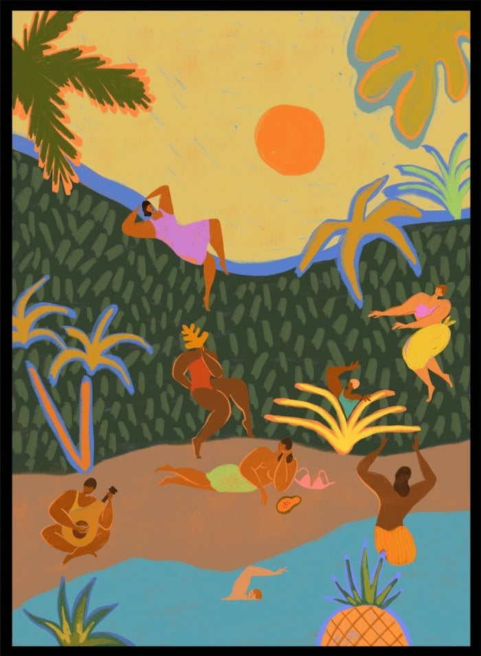 A colorful tropical beach illustration featuring stylized figures relaxing on a sandy shore, swimming in blue water, lounging under palm trees, with a yellow sky and orange sun. Summer Paradise by Arty Guava premium framed fine art print featuring women swimming, dancing, and relaxing in a vibrant tropical landscape.