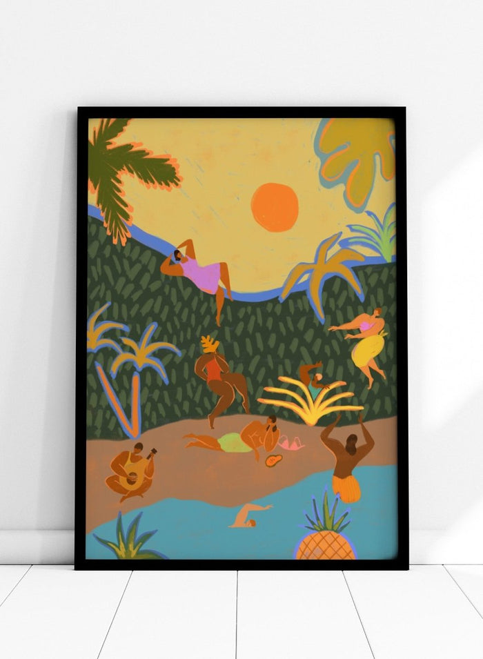 A colorful tropical beach illustration featuring stylized figures relaxing on a sandy shore, swimming in blue water, lounging under palm trees, with a yellow sky and orange sun. Summer Paradise by Arty Guava premium framed fine art print featuring women swimming, dancing, and relaxing in a vibrant tropical landscape.