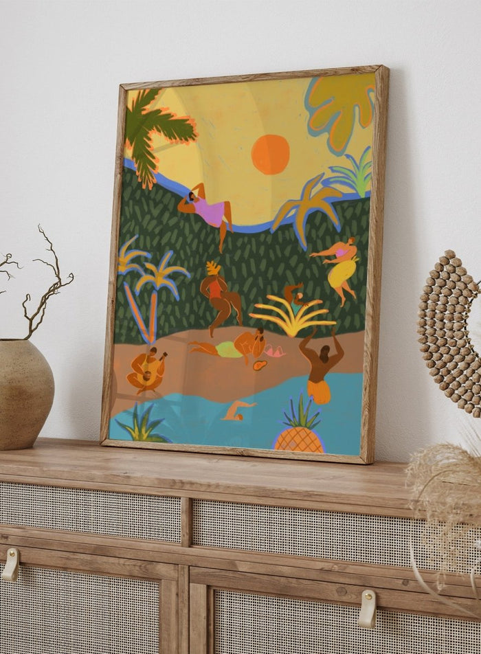 A colorful tropical beach illustration featuring stylized figures relaxing on a sandy shore, swimming in blue water, lounging under palm trees, with a yellow sky and orange sun. Summer Paradise by Arty Guava premium framed fine art print featuring women swimming, dancing, and relaxing in a vibrant tropical landscape.