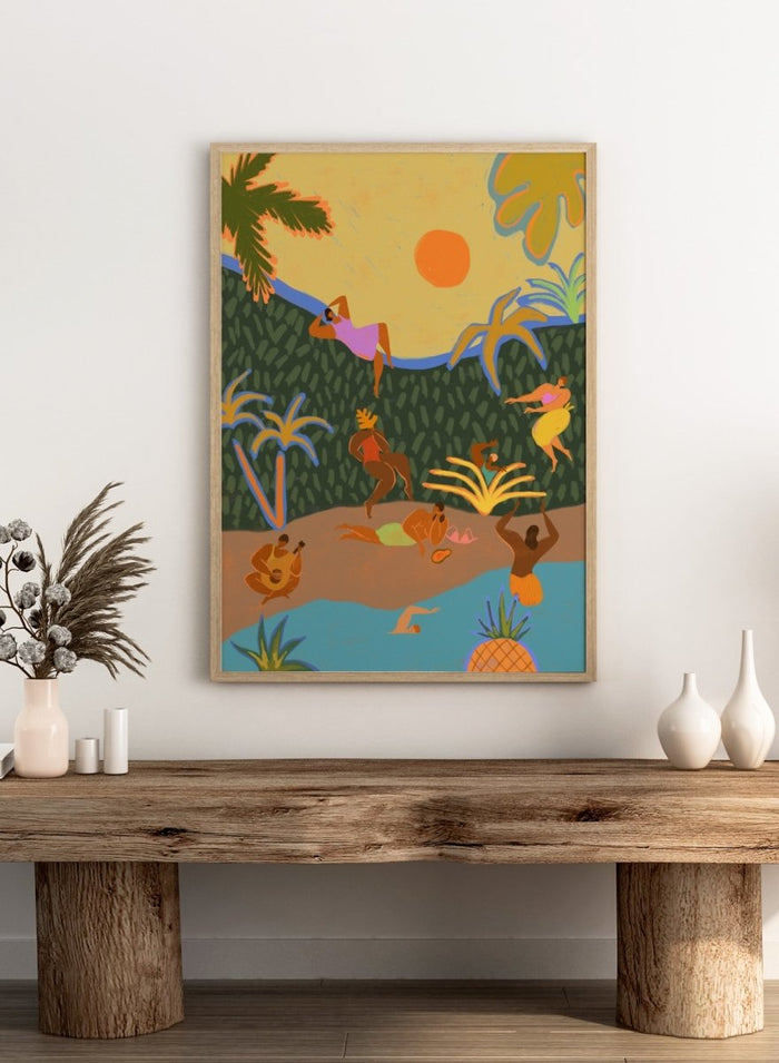A colorful tropical beach illustration featuring stylized figures relaxing on a sandy shore, swimming in blue water, lounging under palm trees, with a yellow sky and orange sun. Summer Paradise by Arty Guava premium framed fine art print featuring women swimming, dancing, and relaxing in a vibrant tropical landscape.
