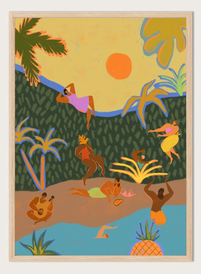 A colorful tropical beach illustration featuring stylized figures relaxing on a sandy shore, swimming in blue water, lounging under palm trees, with a yellow sky and orange sun. Summer Paradise by Arty Guava premium framed fine art print featuring women swimming, dancing, and relaxing in a vibrant tropical landscape.