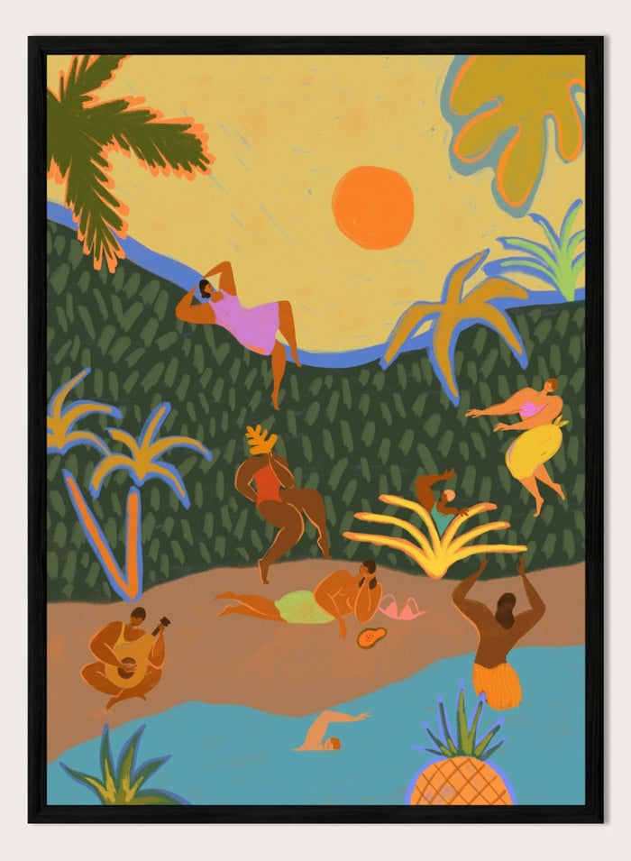 A colorful tropical beach illustration featuring stylized figures relaxing on a sandy shore, swimming in blue water, lounging under palm trees, with a yellow sky and orange sun. Summer Paradise by Arty Guava premium framed fine art print featuring women swimming, dancing, and relaxing in a vibrant tropical landscape.