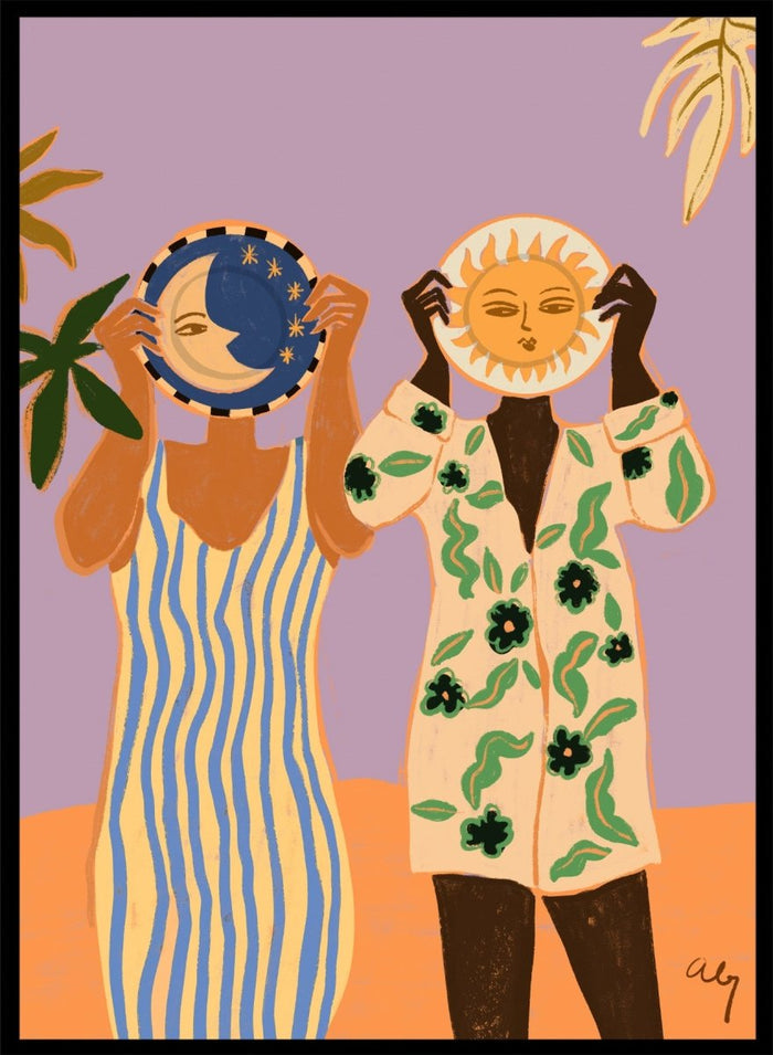 Two people holding celestial objects against a purple background. Sun and Moon by Arty Guava is a playful contemporary art print featuring female figures, celestial motifs, bold color, tropical influences, and modern illustration.