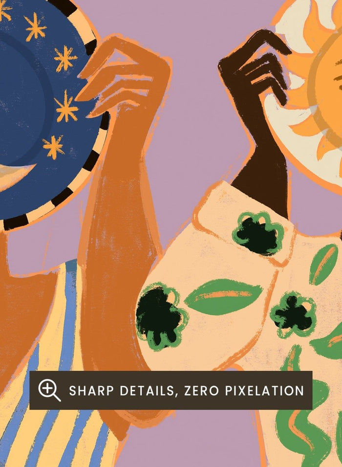 Two people holding celestial objects against a purple background. Sun and Moon by Arty Guava is a playful contemporary art print featuring female figures, celestial motifs, bold color, tropical influences, and modern illustration.